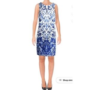 Lauren Ralph Lauren Blue White Damask Scroll Sheath Dress Womens 4 Sleeveless